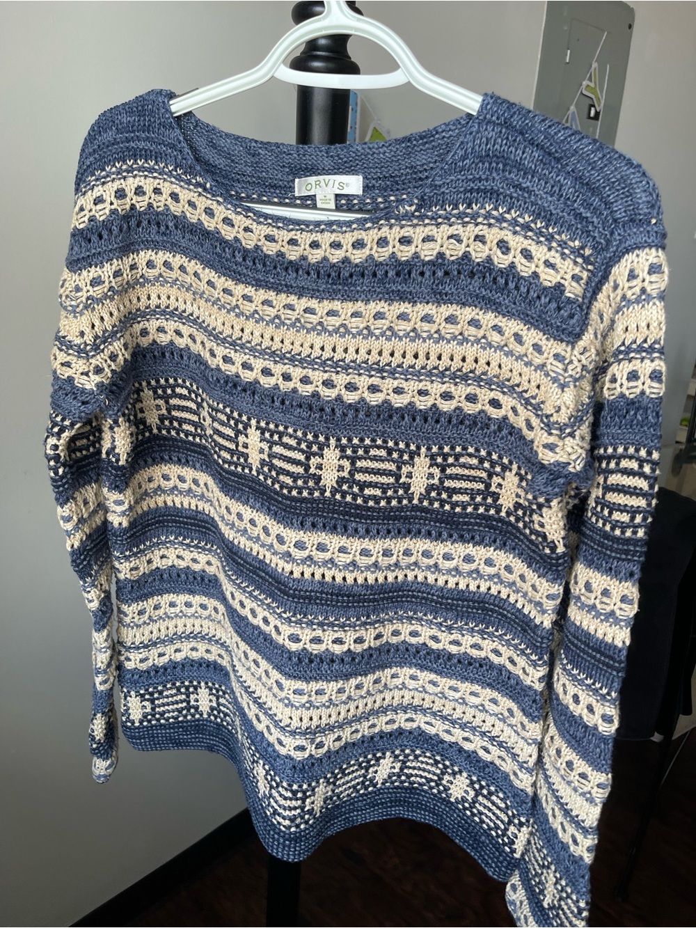 Orvis Cotton & Linen Blend Pullover Sweater Blue & Cream Size Medium